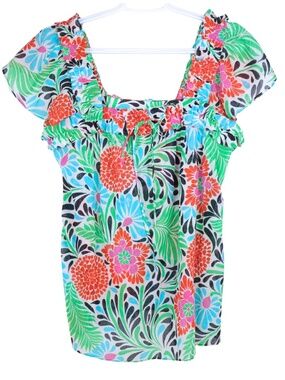 Milly Floral Cotton Ruffle Blouse Multicolor Size 6 Made in USA